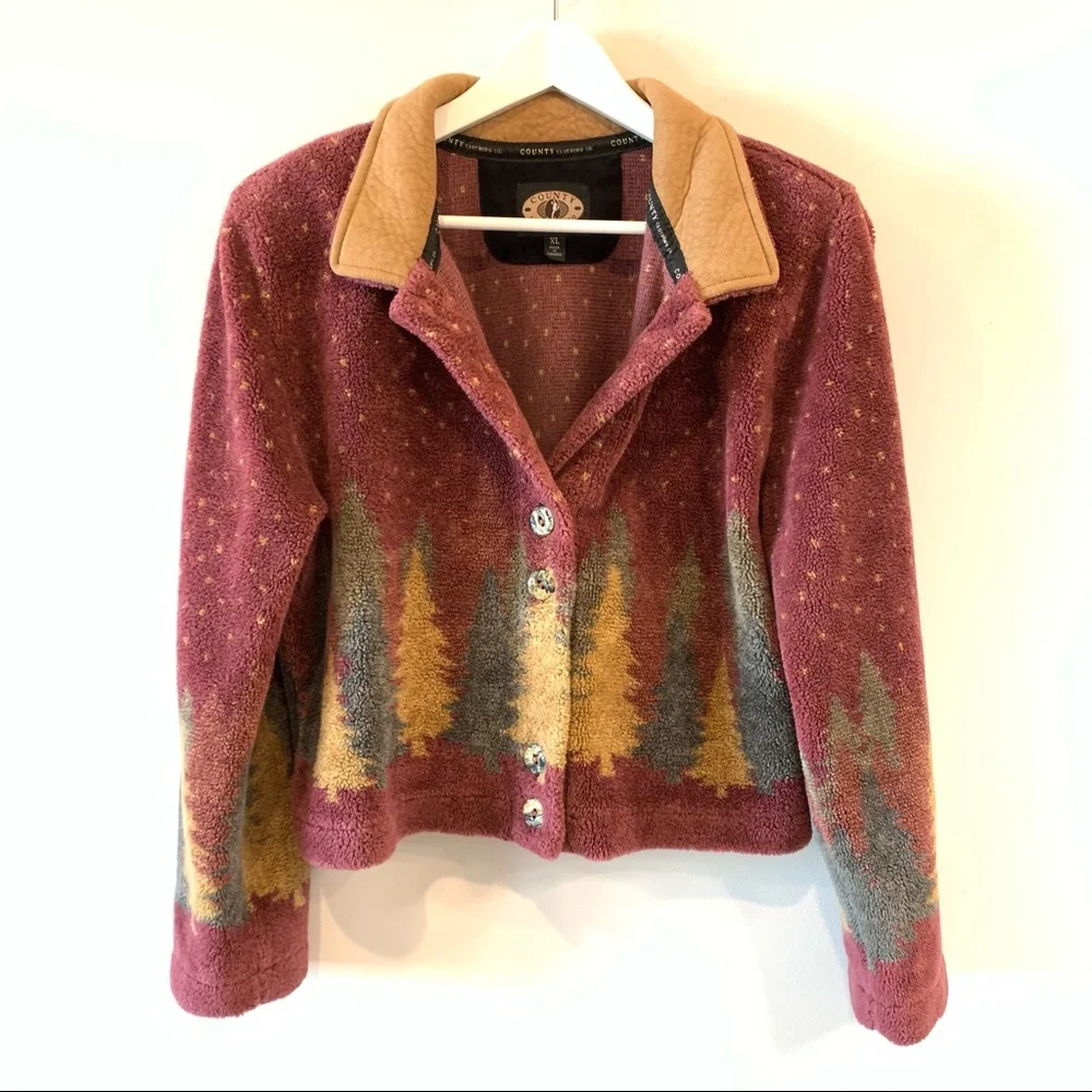 Vintage Country Clothing Co Fleece Jacket Shearling XL Trees Mauve Suede Collar - Picture 1 of 8